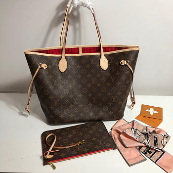 LV Neverfull Shopping Bag M41177 Monogram With Red Size Size: 32 x 29 x 17 cm