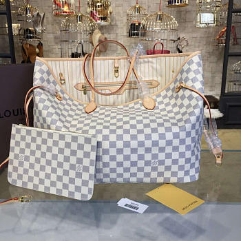 LV Original Neverfull Bag N41361 White Grid With Apricot