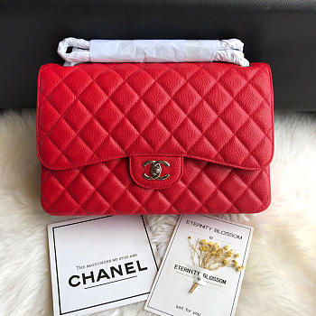 Chanel Caviar Flap Bag In Red 30cm With Silver Hardware