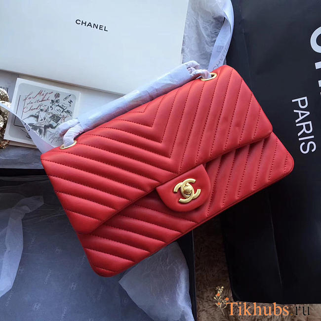 Modishbags Flap Red Bag Chevron Caiar 25CM With Gold Hardware - 1