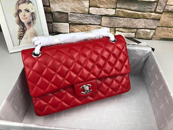 Chanel Flap Bag Lambskin Red With Silver Hardware 25cm