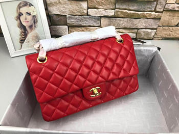 	Chanel Flap Bag Lambskin Red With Gold Hardware 25cm