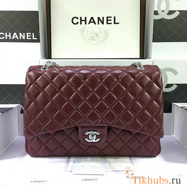 Modishbags Flap Bag Caviar in Maroon Red 33cm with Silver Hardware - 1