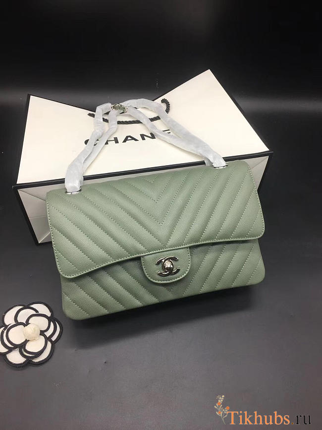 Modishbags Flap Bag Caviar Light Green Bag 25cm with Silver Hardware - 1