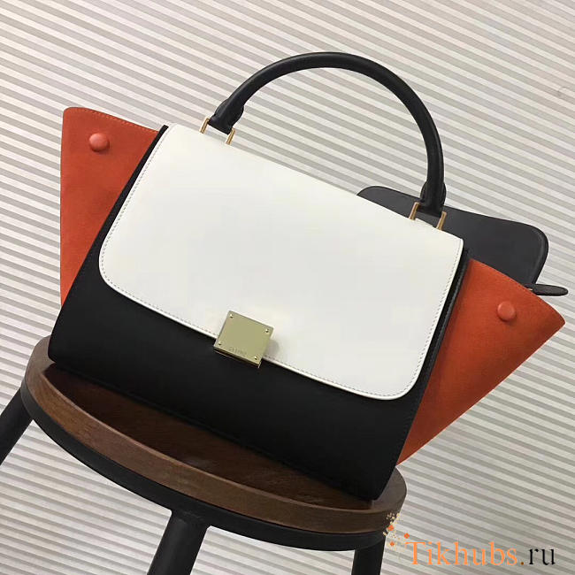 Celine Trapeze small Lambskin Leather Bag White Orange - 1