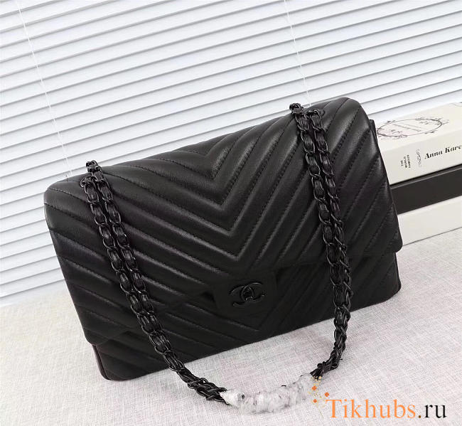 Chanel original lambskin double flap bag black 30cm with Black hardware - 1