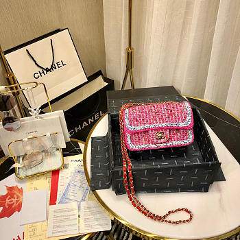 Chanel Woolen bead braided chain small bag Rose Red