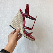 YSL-CASSANDRA logo letter clasp high heel woven leather sandals red - 4