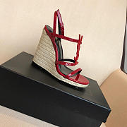 YSL-CASSANDRA logo letter clasp high heel woven leather sandals red - 2