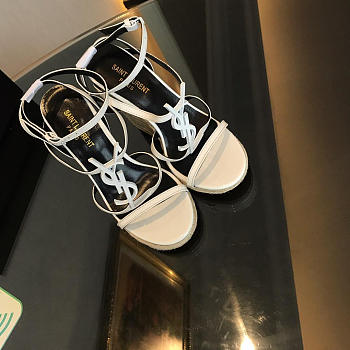 YSL-CASSANDRA logo letter clasp high heel woven leather sandals white