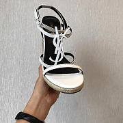 YSL-CASSANDRA logo letter clasp high heel woven leather sandals white - 5