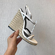 YSL-CASSANDRA logo letter clasp high heel woven leather sandals white - 6