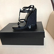 YSL-CASSANDRA logo letter clasp high heel woven leather sandals black - 6