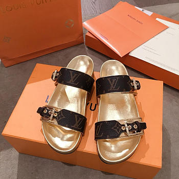 lv sandals gold and brown