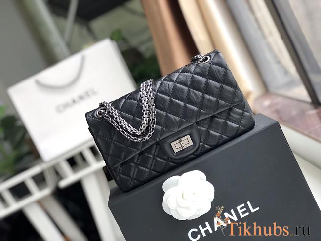 Chanel Elephant Pattern Black Flap Bag Silver Hardware Size 25 cm - 1