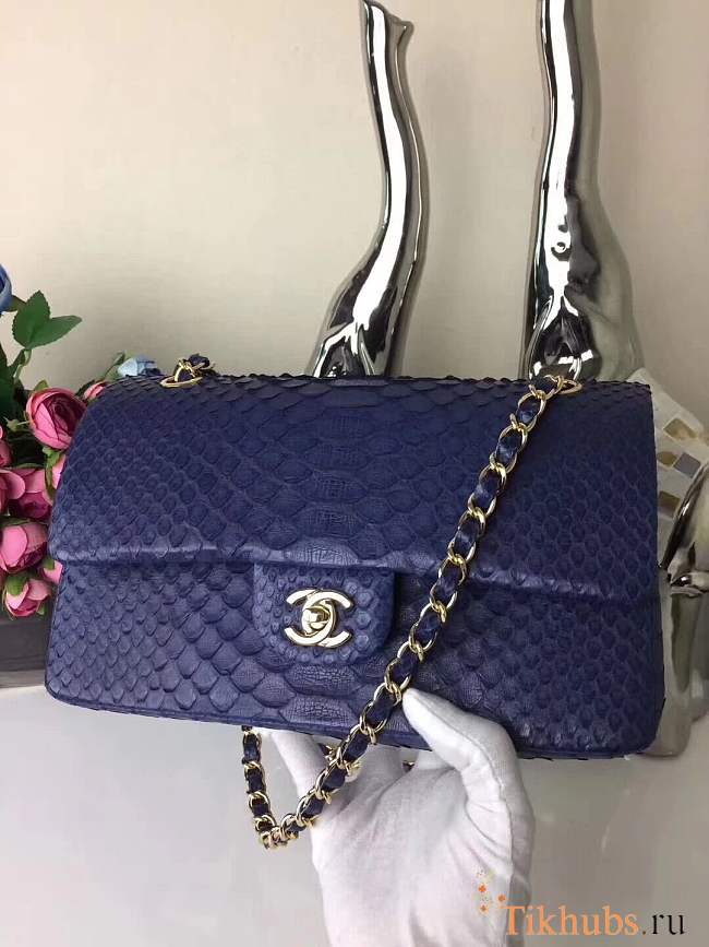 Chanel snake skin print flap bag blue - 1