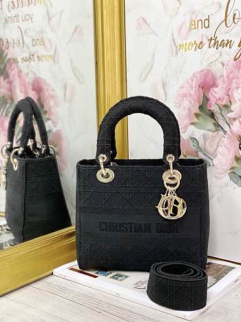 Dior Medium Lady D-Lite Handbag Black Gold Buckle M0565 Size 24x20x11 cm