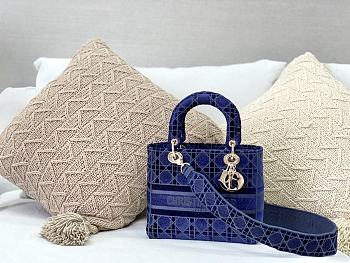 Dior Medium Lady D-Lite Bag Velvet Embroidery Detail Color Blue M0565 Size 24x20x11 cm