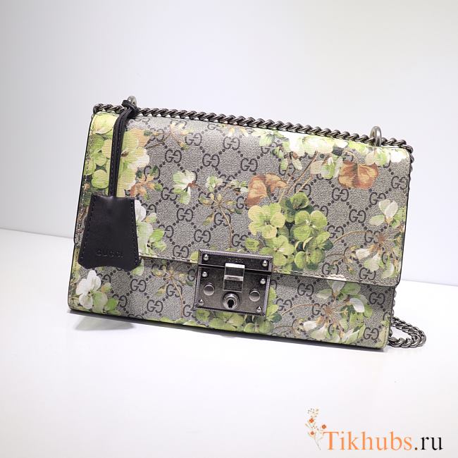 GUCCI Padlock Medium Gg Shoulder Bag Green Flower Grams 409486 Size 30 x 19 x 10 cm - 1