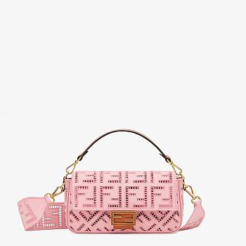 FENDI BAGUETTE White Canvas Bag With Embroidery Pink Size 27