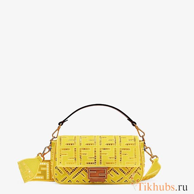 FENDI BAGUETTE White Canvas Bag With Embroidery Yellow Size 27 - 1