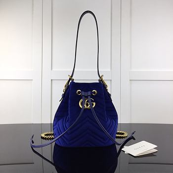 Gucci GG Marmont Quilted Velvet Bucket Bag Blue 525081 Size 21 x 22 x 11 cm