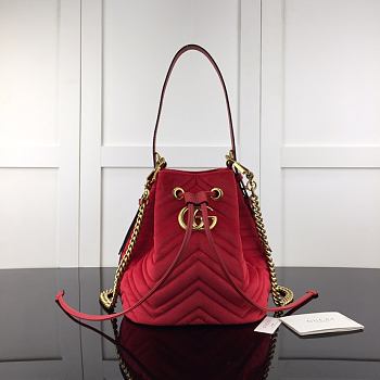 Gucci GG Marmont Quilted Velvet Bucket Bag Red 525081 Size 21 x 22 x 11 cm