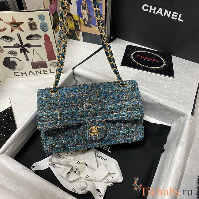 Chanel Sequin Bag Wear Beaded Beads Woolen Cloth Blue 1112 Size 25.5 cm - 1