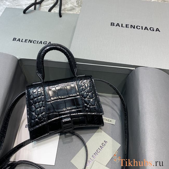 Balenciaga Hourglass Mini Crocodile Black With Black Buckle Size 11.5 x 14 x 4.5 cm - 1
