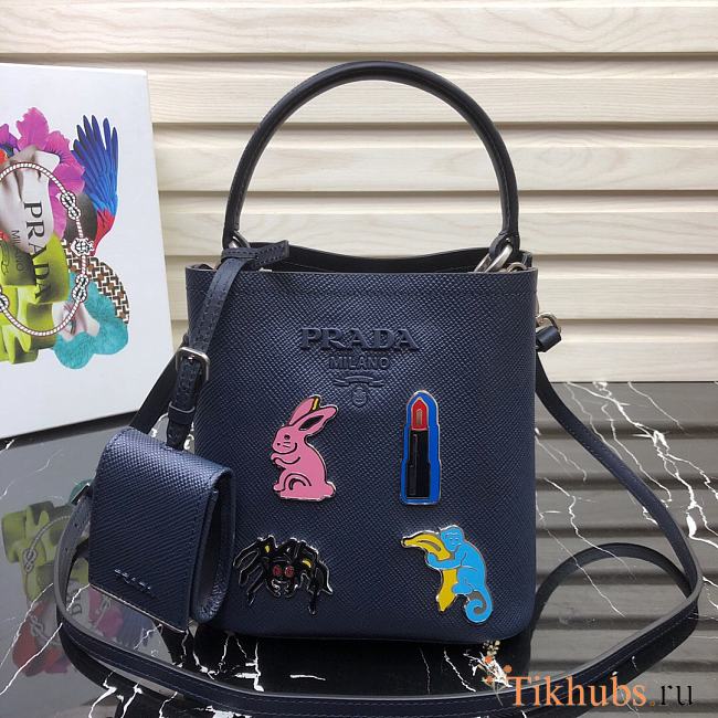 PRADA Bucket-Shaped Shopping Bag Dark Blue 1BA217 Size 18 × 17 × 10.5 cm - 1