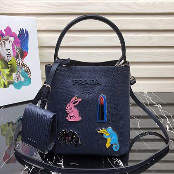PRADA Bucket-Shaped Shopping Bag Dark Blue 1BA217 Size 18 × 17 × 10.5 cm