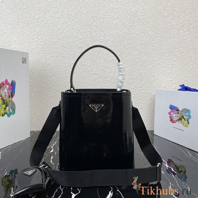 Prada Glossy Bucket Bag Black 1BA319 Size 22 x 23 x 13 cm - 1