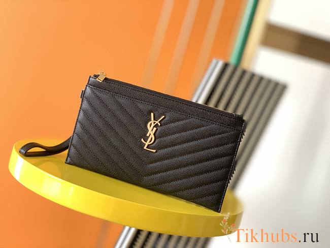 YSL Caviar Zipper Clutch Gold Logo 423297 Size 23 x 13 x 1 cm - 1