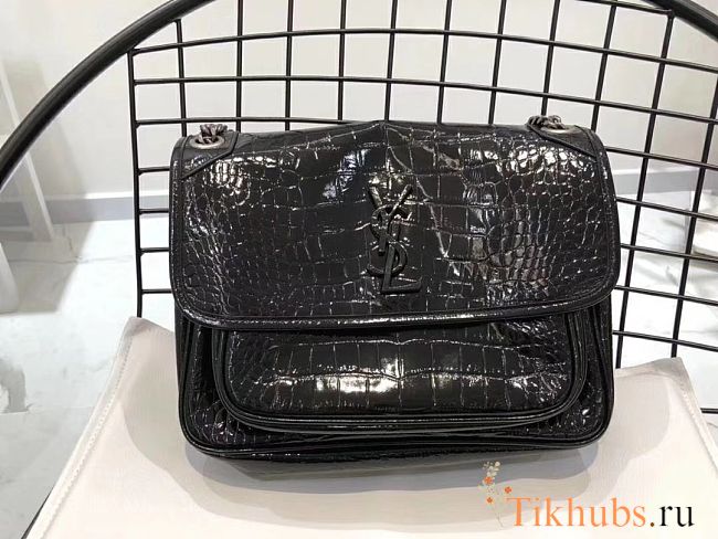 YSL Niki Crocodile Pattern Black 498894 Size 28 × 20 × 8 cm - 1