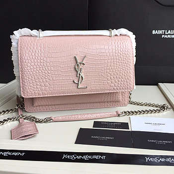 Saint Laurent Sunset Medium In Light Washed Pink Crocodile Embossed Shiny Leather Size 22 cm