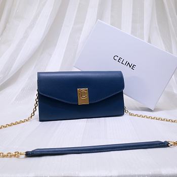 Celine Smooth Calfskin Chain Wallet Blue 0177 Size 19 x 9 cm
