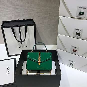 Gucci Sylvie 1969 Black Patent Leather Top Handle Bag Green Size 20 x 14 x 5 cm