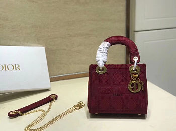 Lady Dior Embroidered Checkered Red 44531 Size 17 cm