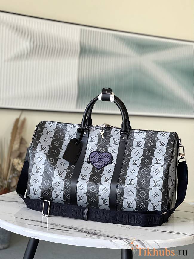 LV Keepall Silver Flower Stripe (With Shoulder Strap) M40567 Size 50 x 29 x 22 cm - 1