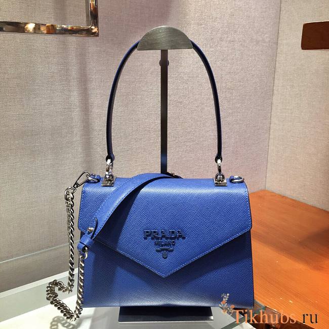 Prada Blue Saffiano Leather Monochrome Logo Top Handle Bag 1BA186 Size 24 x 17.5 x 11.5 cm - 1