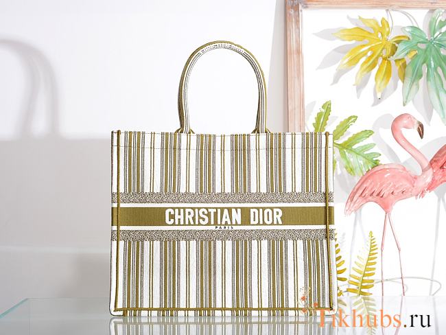 Dior Green and White Stripes Tote Book Size 41.5 x 32 x 5 cm - 1