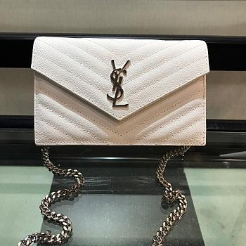 YSL Saint Laurent Caviar Ball Chain Shoulder Bag White Silver Lock Size 19 × 12.5 × 4 cm