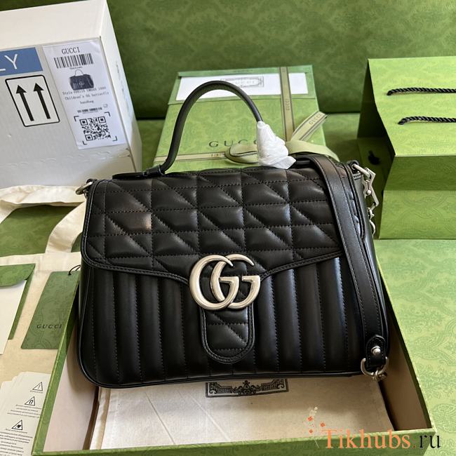 Gucci Black Leather GG Marmont Small Top Handle Bag Black 498110 Size 27 x 19 x 10.5 cm - 1