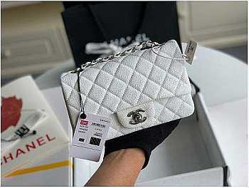 Chanel Mini Flap Bag Silver-tone Metal Caviar Leather White Size 20cm