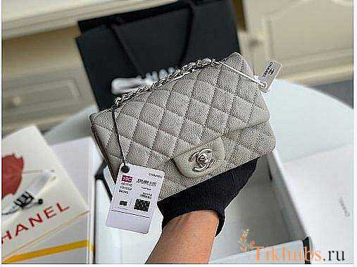 Chanel Mini Flap Bag Silver-tone Metal Caviar Leather Grey Size 20cm - 1