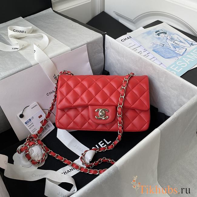 Chanel Lambskin Mini Flap Bag Silver-Tone Metal Red Size 20cm - 1