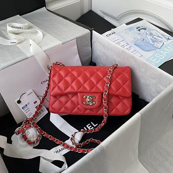 Chanel Lambskin Mini Flap Bag Silver-Tone Metal Red Size 20cm