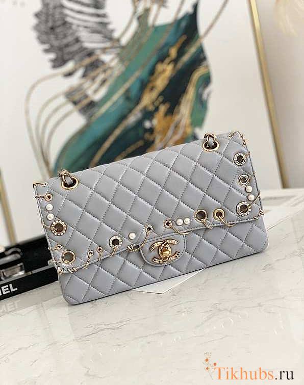 Chanel Flap Bag Gold Bling Harware Grey Size 25.5 cm - 1