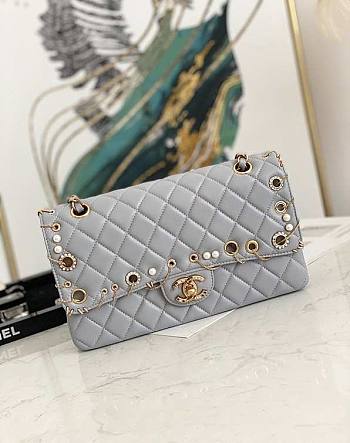 Chanel Flap Bag Gold Bling Harware Grey Size 25.5 cm