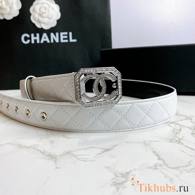 Chanel Belt Silver CC Buckle White 3 cm 02 - 1